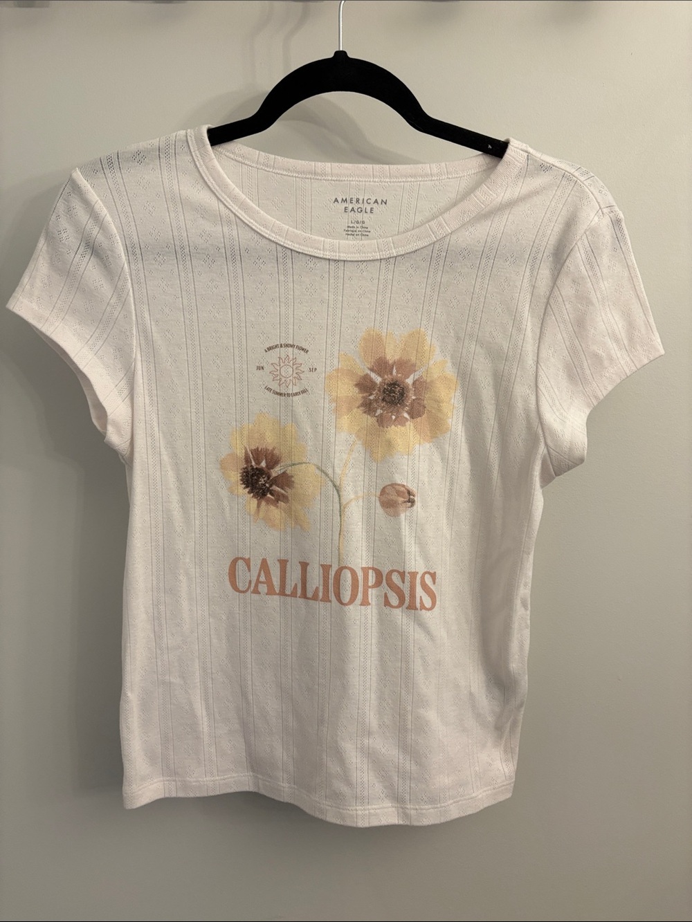 American Eagle Outfitters White Baby Tee with Yellow Floral 'Calliopsis' Graphic
